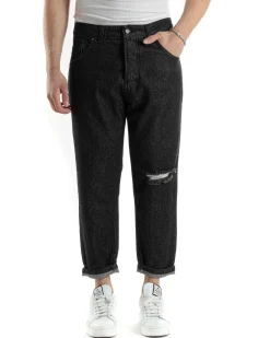 Pantaloni Jeans Uomo Straight Fit Taglio Al Ginocchio Denim Stonewashed Nero GIOSAL-JS1019A