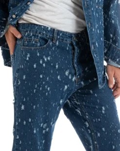 Pantaloni Jeans Uomo Straight Fit Denim Scuro Con Rotture Cinque Tasche GIOSAL-P5929A