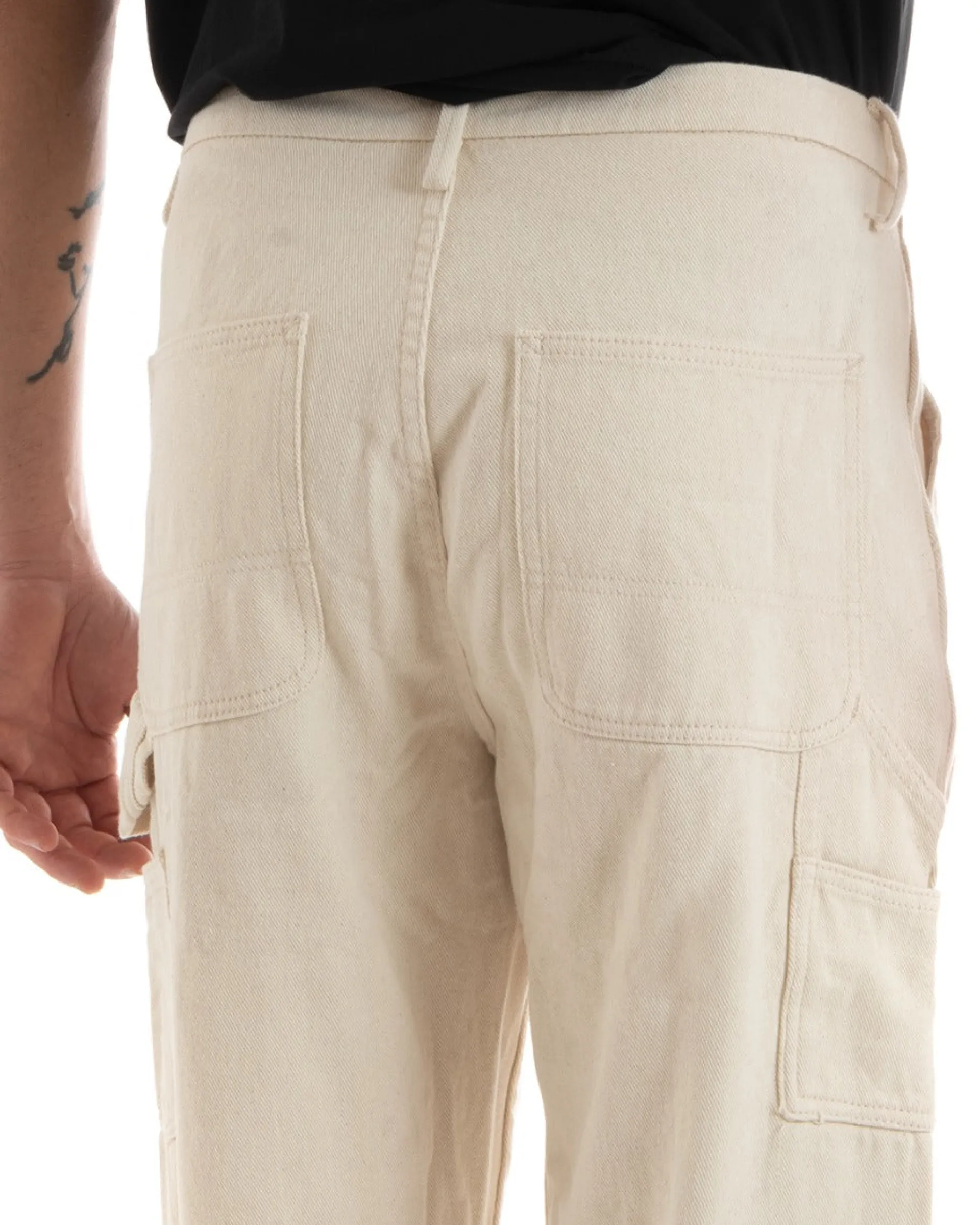 Pantaloni Jeans Uomo Wide Leg Basic Cargo Cinque Tasche Casual Panna GIOSAL-P5728A