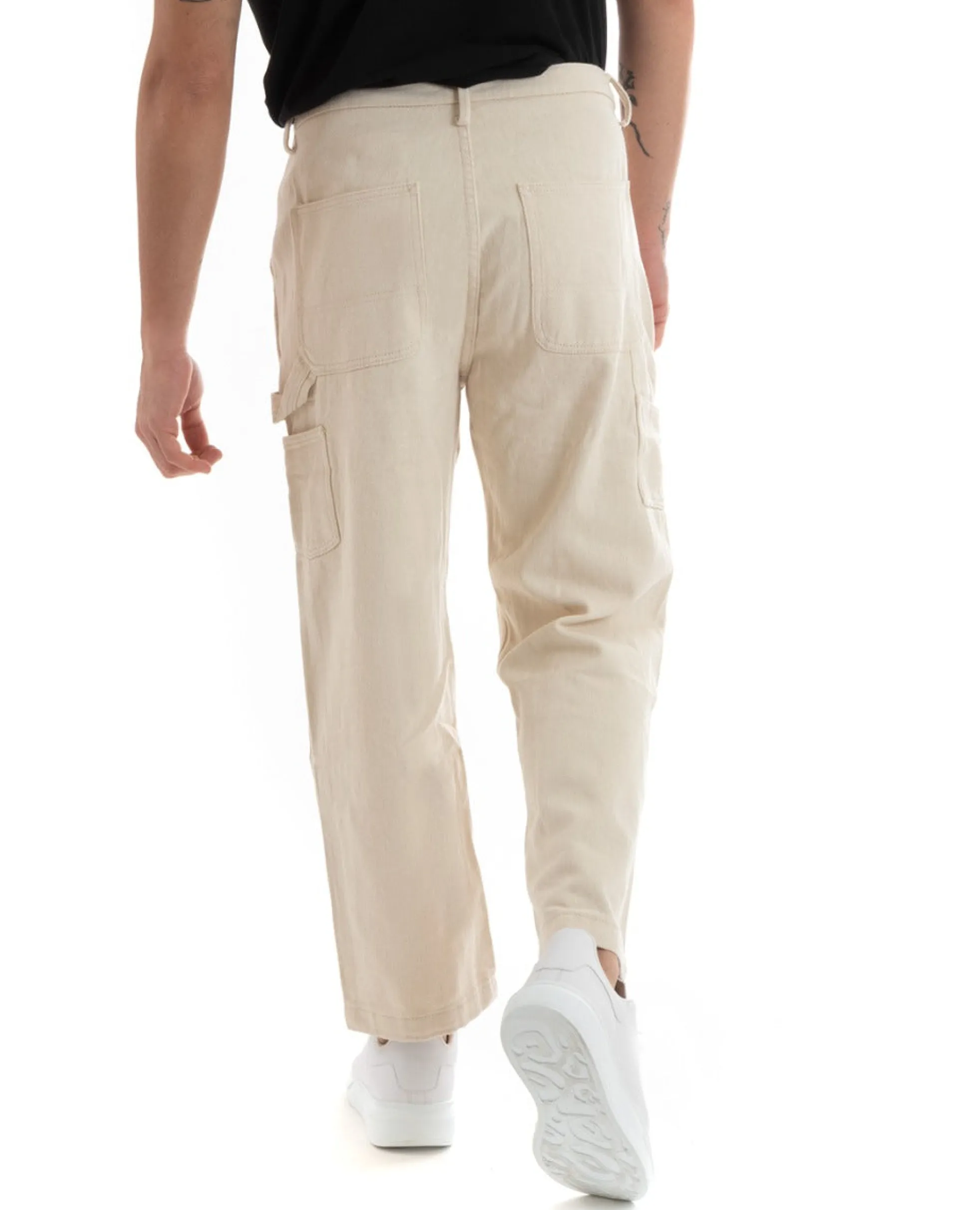 Pantaloni Jeans Uomo Wide Leg Basic Cargo Cinque Tasche Casual Panna GIOSAL-P5728A