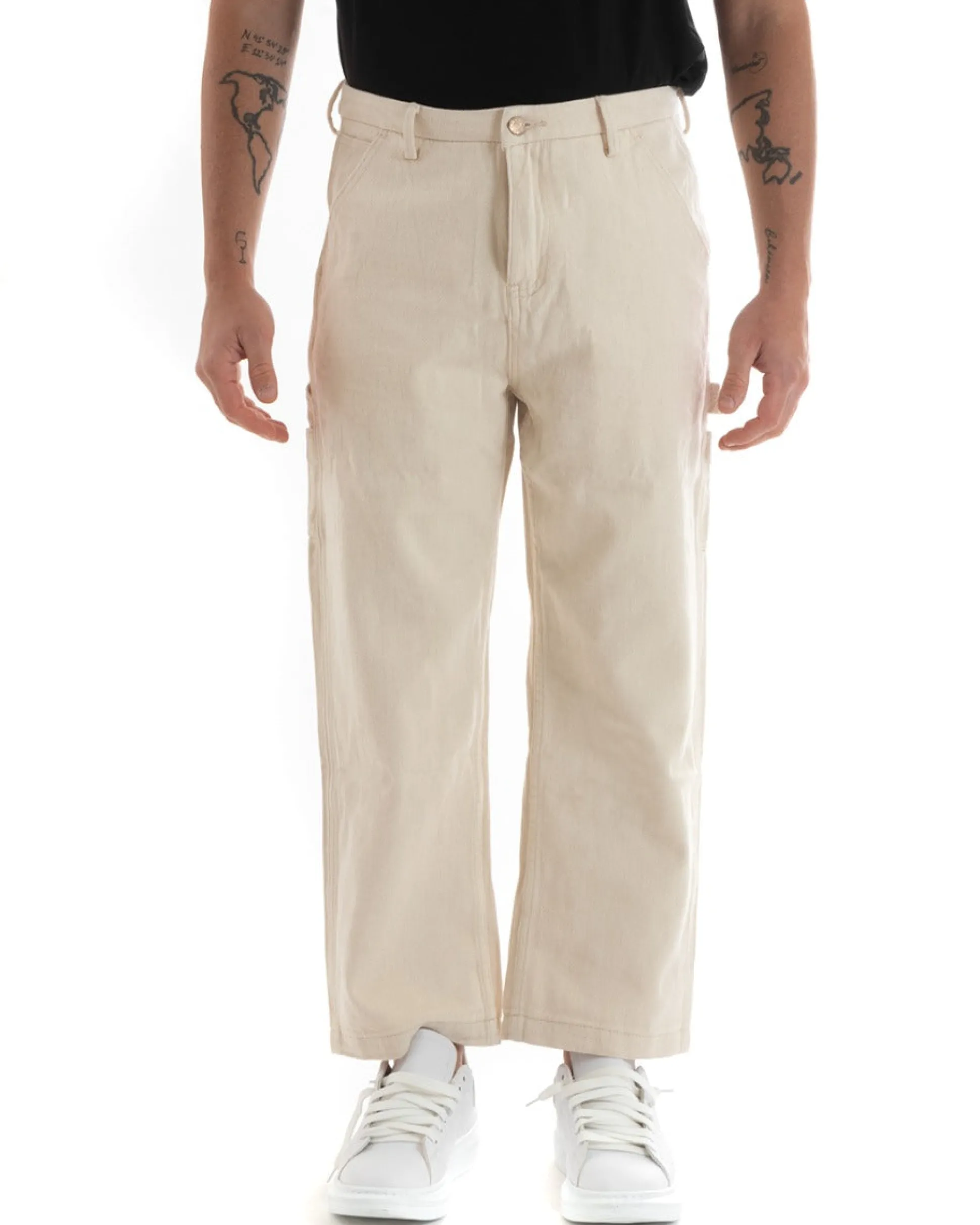 Pantaloni Jeans Uomo Wide Leg Basic Cargo Cinque Tasche Casual Panna GIOSAL-P5728A