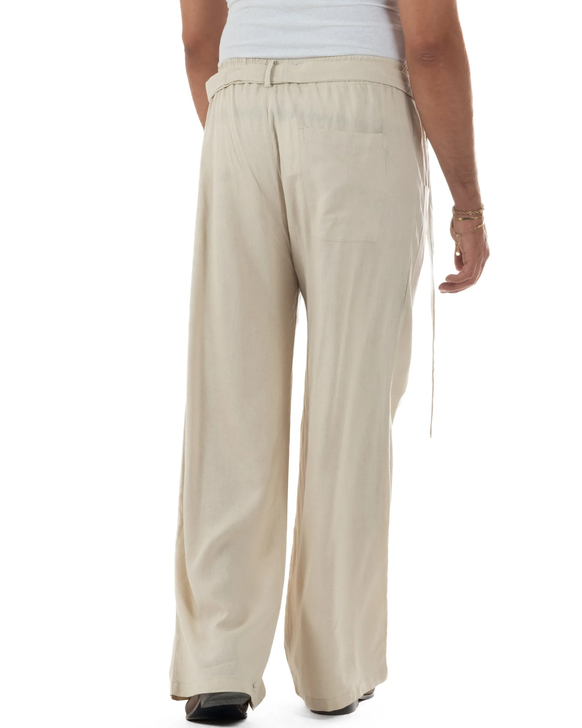 Pantaloni lino uomo baggy fit tasconi cintura beige GIOSAL-P6517A