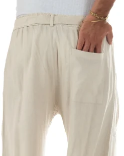 Pantaloni lino uomo baggy fit tasconi cintura beige GIOSAL-P6517A