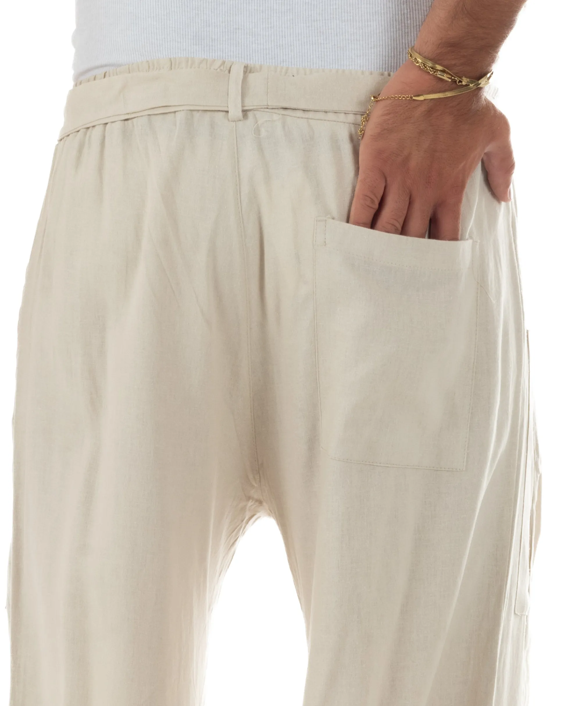 Pantaloni lino uomo baggy fit tasconi cintura beige GIOSAL-P6517A