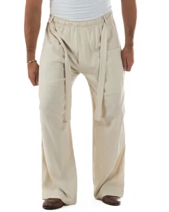 Pantaloni lino uomo baggy fit tasconi cintura beige GIOSAL-P6517A