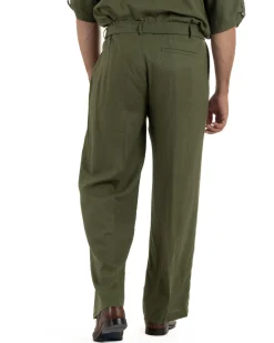 Pantaloni lino uomo baggy fit fondo ampio cintura verde militare GIOSAL-P6499A