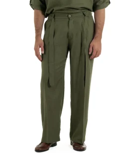 Pantaloni lino uomo baggy fit fondo ampio cintura verde militare GIOSAL-P6499A