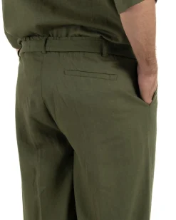 Pantaloni lino uomo baggy fit fondo ampio cintura verde militare GIOSAL-P6499A