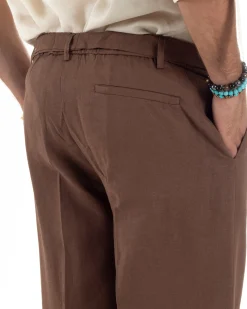 Pantaloni lino uomo baggy fit fondo ampio cintura marrone GIOSAL-P6318A