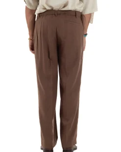 Pantaloni lino uomo baggy fit fondo ampio cintura marrone GIOSAL-P6318A