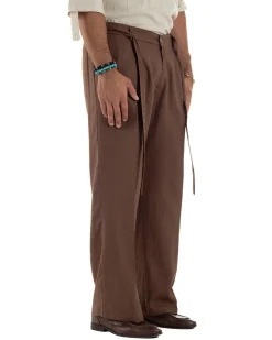 Pantaloni lino uomo baggy fit fondo ampio cintura marrone GIOSAL-P6318A
