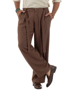 Pantaloni lino uomo baggy fit fondo ampio cintura marrone GIOSAL-P6318A