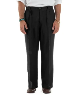 Pantaloni lino uomo baggy fit fondo ampio cintura nero GIOSAL-P6317A