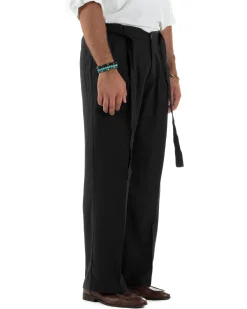 Pantaloni lino uomo baggy fit fondo ampio cintura nero GIOSAL-P6317A