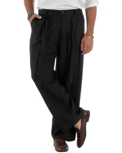 Pantaloni lino uomo baggy fit fondo ampio cintura nero GIOSAL-P6317A