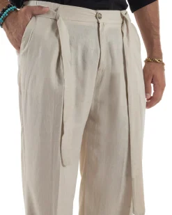 Pantaloni lino uomo baggy fit fondo ampio cintura beige GIOSAL-P6314A