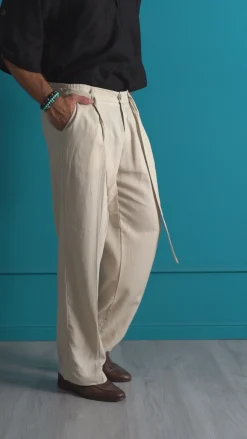Pantaloni lino uomo baggy fit fondo ampio cintura beige GIOSAL-P6314A