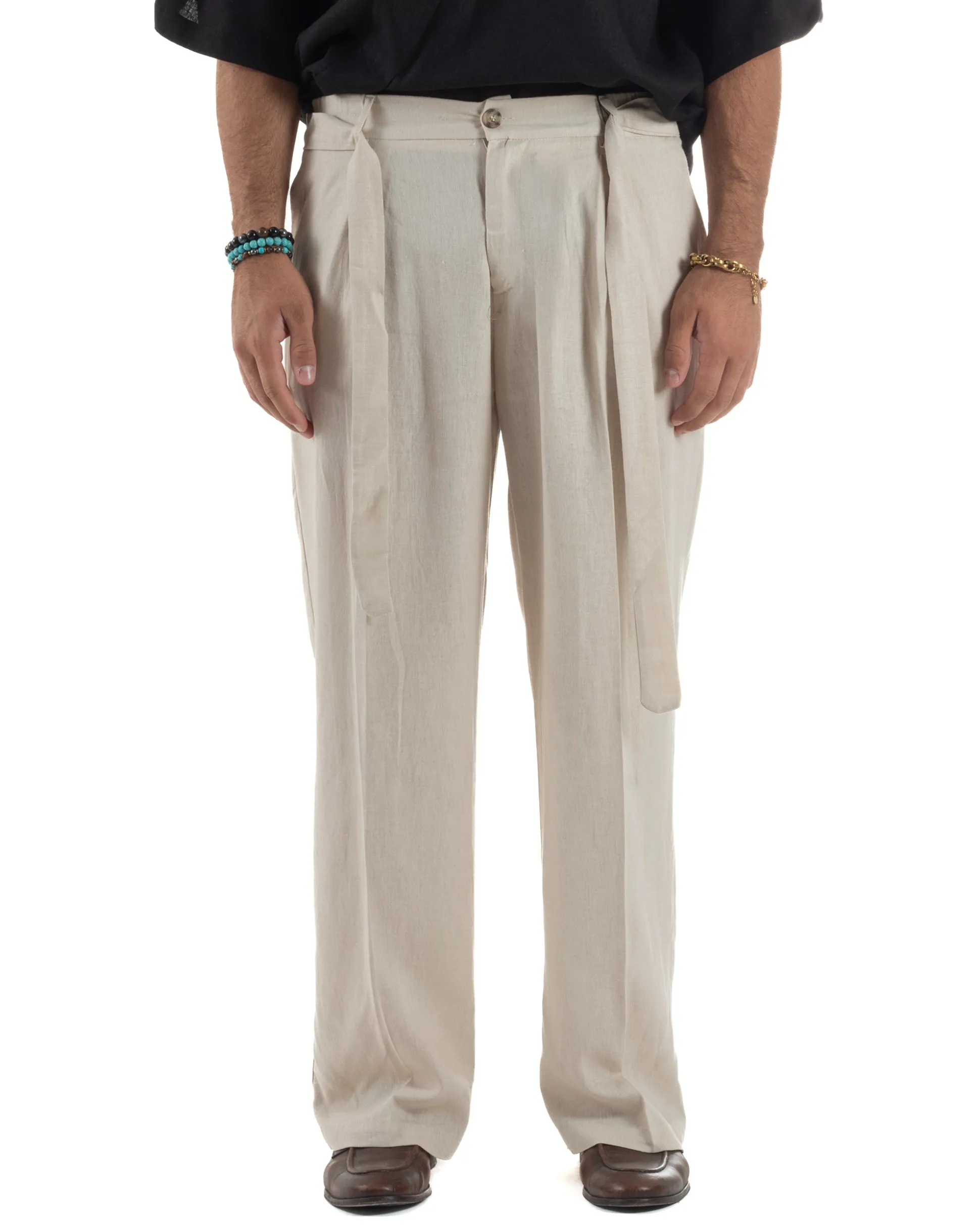 Pantaloni lino uomo baggy fit fondo ampio cintura beige GIOSAL-P6314A