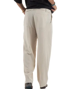 Pantaloni lino uomo baggy fit fondo ampio cintura beige GIOSAL-P6314A