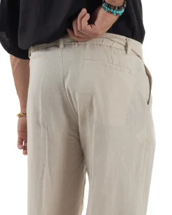Pantaloni lino uomo baggy fit fondo ampio cintura beige GIOSAL-P6314A