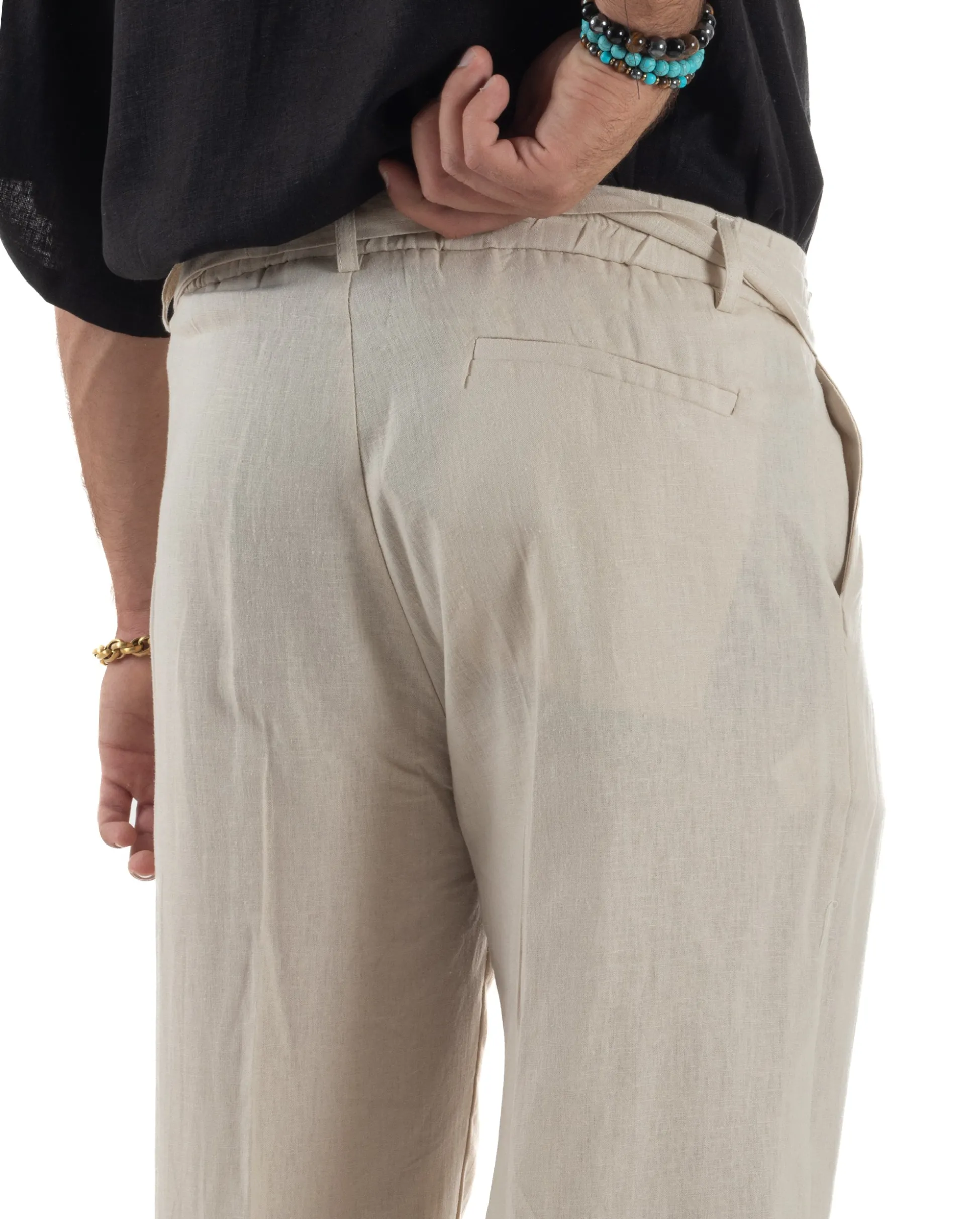 Pantaloni lino uomo baggy fit fondo ampio cintura beige GIOSAL-P6314A