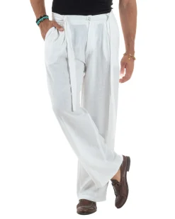 Pantaloni lino uomo baggy fit fondo ampio cintura bianco GIOSAL-P6316A