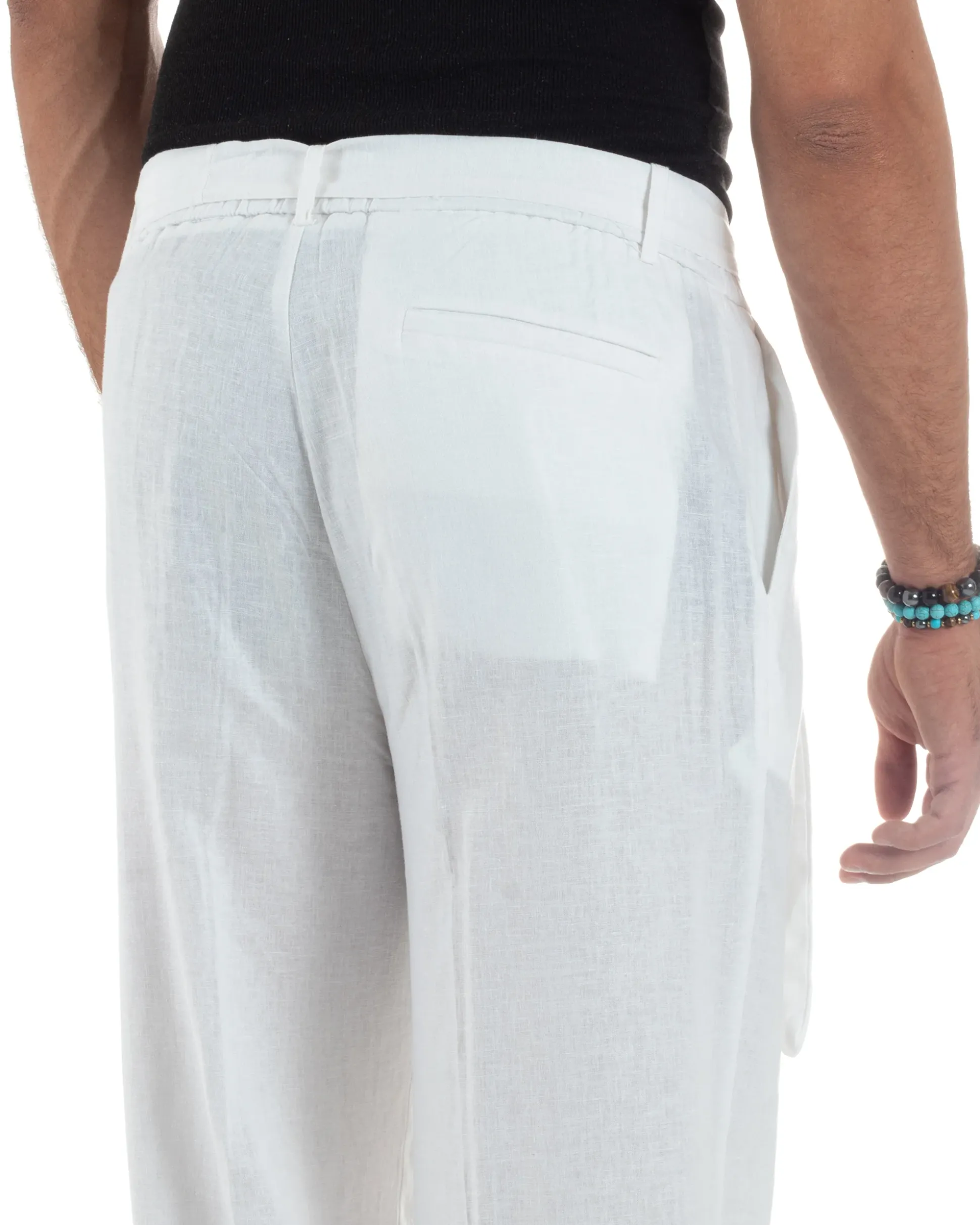 Pantaloni lino uomo baggy fit fondo ampio cintura bianco GIOSAL-P6316A
