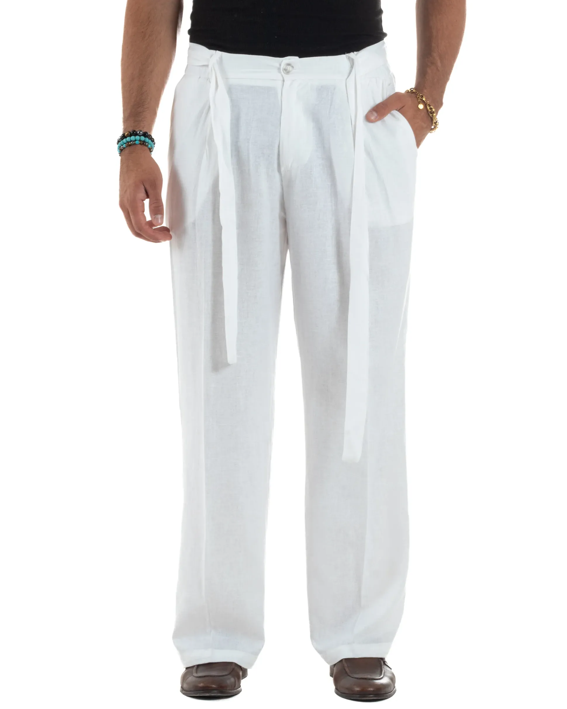 Pantaloni lino uomo baggy fit fondo ampio cintura bianco GIOSAL-P6316A