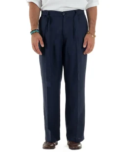 Pantaloni lino uomo baggy fit fondo ampio cintura blu GIOSAL-P6315A