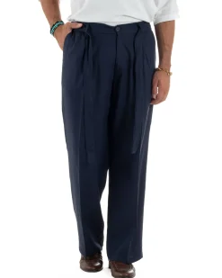 Pantaloni lino uomo baggy fit fondo ampio cintura blu GIOSAL-P6315A