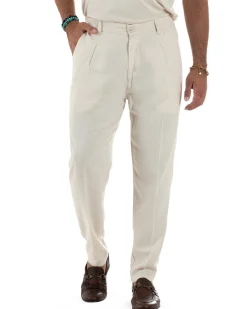 Pantaloni Lino Uomo Tasche America Sartoriale Con Pinces Beige P6319A