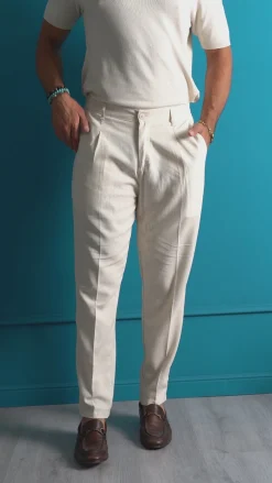 Pantaloni Lino Uomo Tasche America Sartoriale Con Pinces Beige P6319A