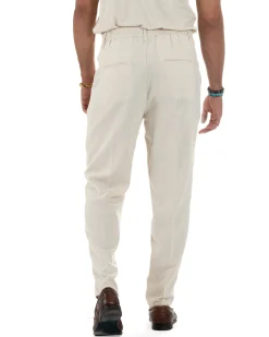 Pantaloni Lino Uomo Tasche America Sartoriale Con Pinces Beige P6319A