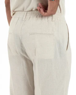 Pantaloni Lino Uomo Tasche America Sartoriale Con Pinces Beige P6319A