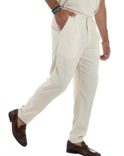 Pantaloni Lino Uomo Tasche America Sartoriale Con Pinces Beige P6319A