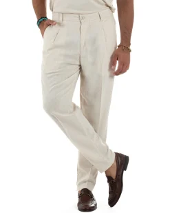 Pantaloni Lino Uomo Tasche America Sartoriale Con Pinces Beige P6319A