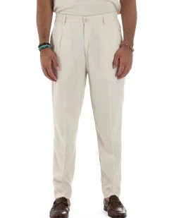 Pantaloni Lino Uomo Tasche America Sartoriale Con Pinces Beige P6319A