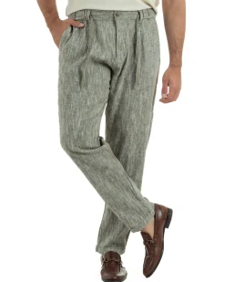 Pantaloni pantalaccio uomo lino sartoriale coulisse verde melangiato GIOSAL-P6511A
