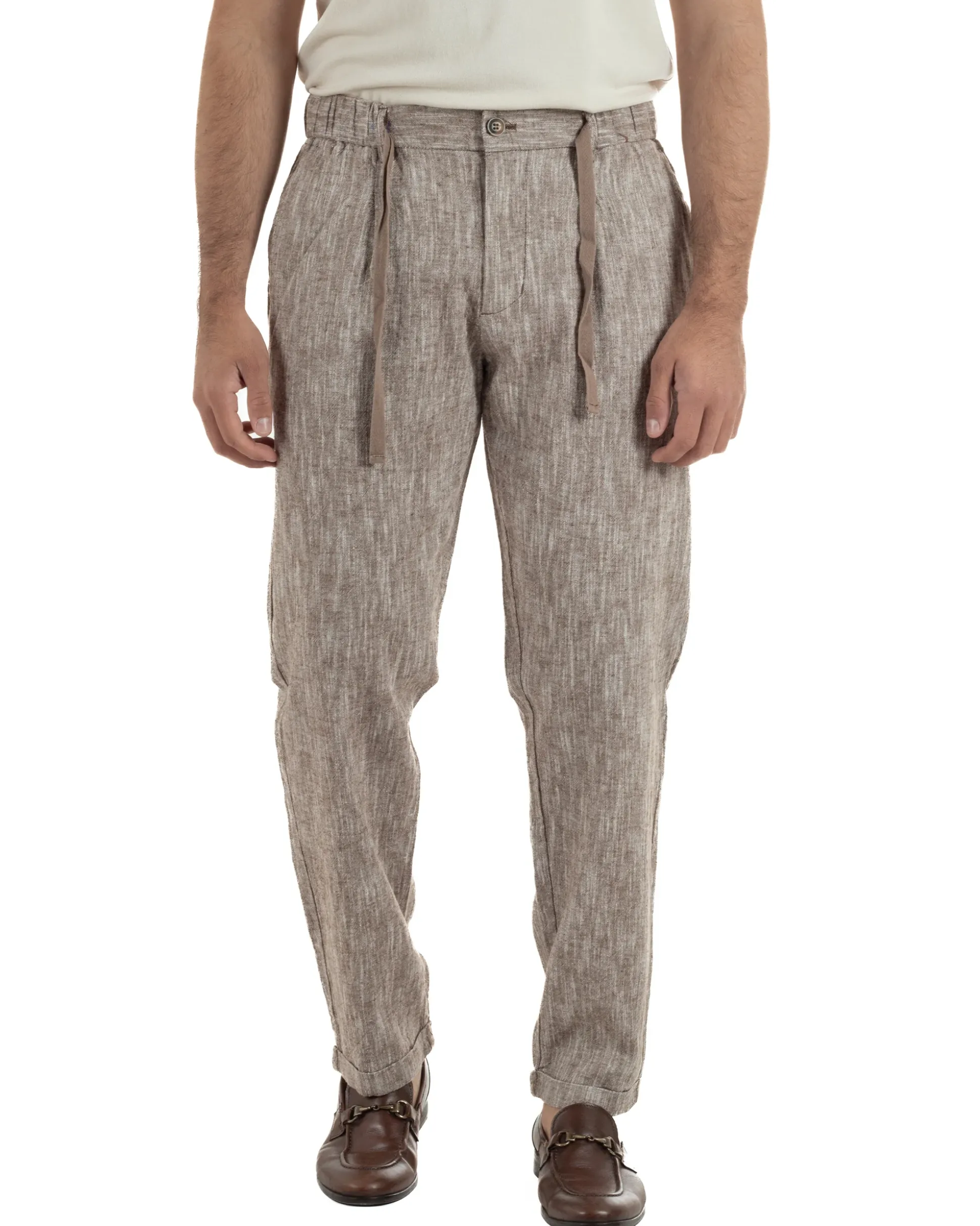 Pantaloni pantalaccio uomo lino sartoriale coulisse fango melangiato GIOSAL-P6509A