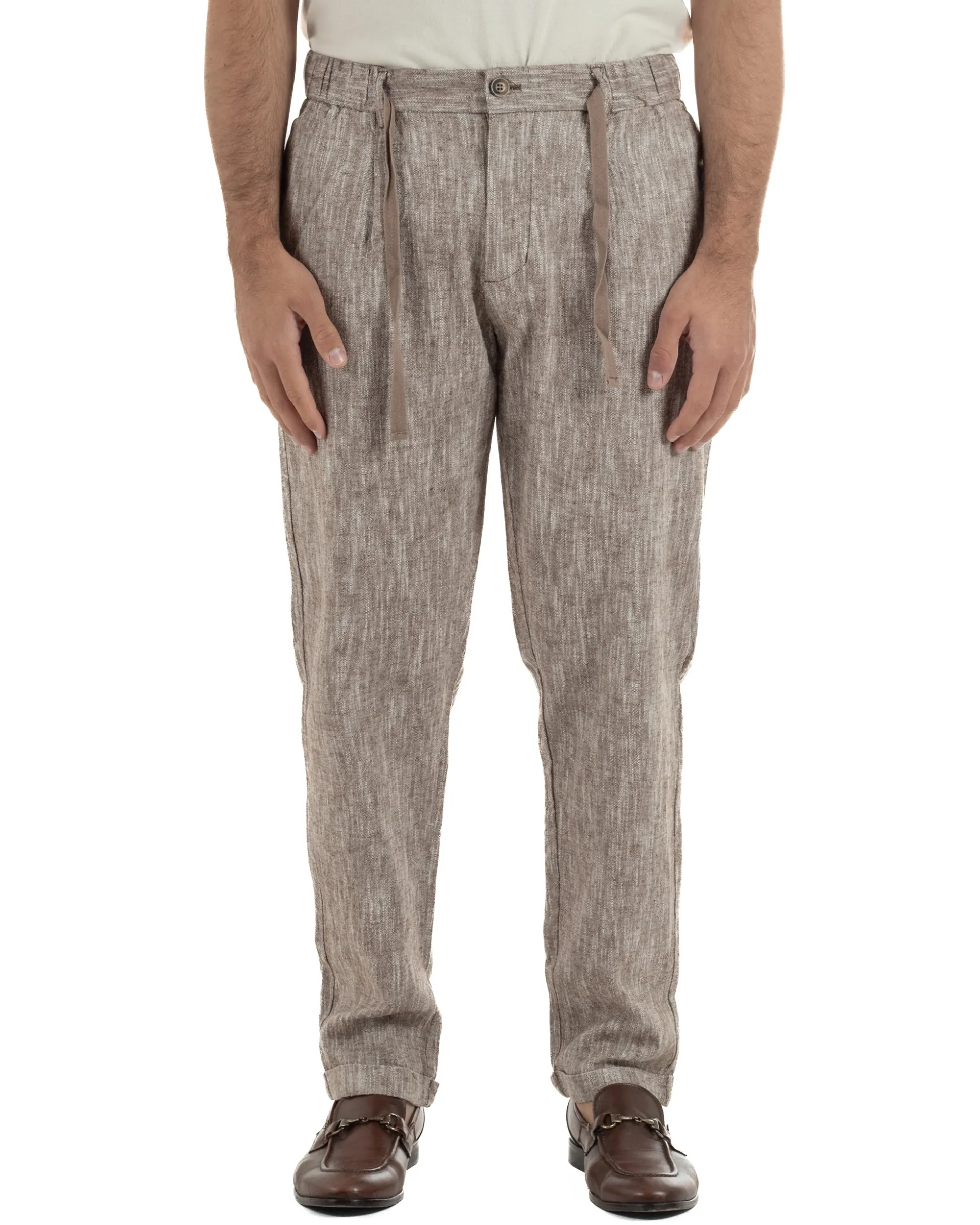 Pantaloni pantalaccio uomo lino sartoriale coulisse fango melangiato GIOSAL-P6509A