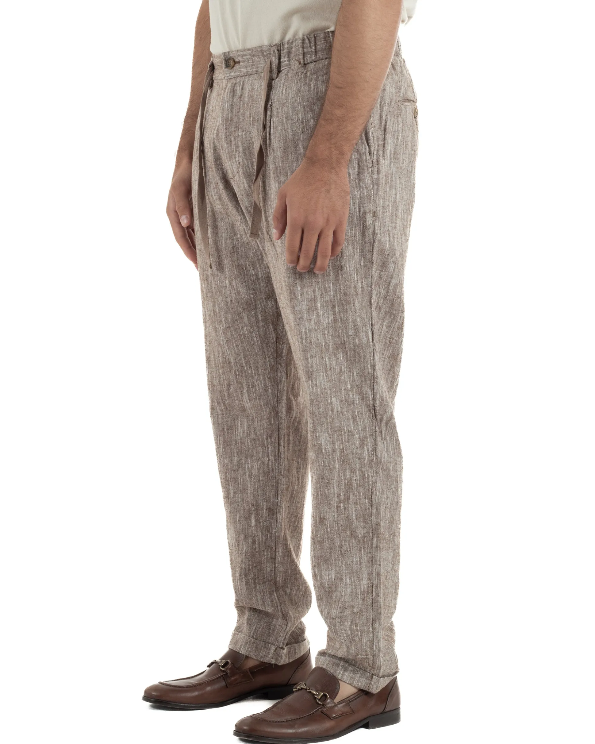 Pantaloni pantalaccio uomo lino sartoriale coulisse fango melangiato GIOSAL-P6509A