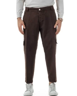 Pantaloni Uomo Cargo Loose Fit Jeans Tasconi Tasche America Marrone BlackSunday JS1168A