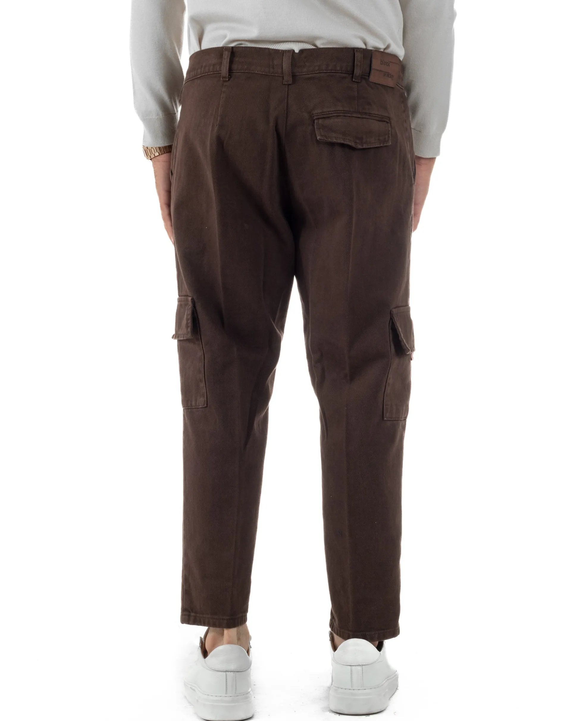 Pantaloni Uomo Cargo Loose Fit Jeans Tasconi Tasche America Marrone BlackSunday JS1168A
