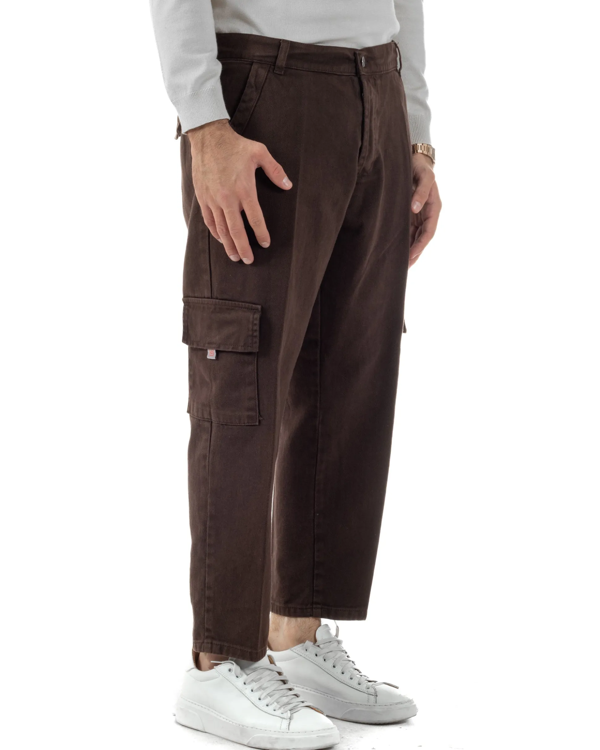 Pantaloni Uomo Cargo Loose Fit Jeans Tasconi Tasche America Marrone BlackSunday JS1168A