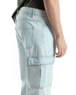 Pantaloni Uomo Cargo Tasconi Jeans Baggy Denim Chiaro Fondo Largo Ampio Casual GIOSAL-JS1020A