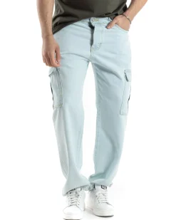 Pantaloni Uomo Cargo Tasconi Jeans Baggy Denim Chiaro Fondo Largo Ampio Casual GIOSAL-JS1020A