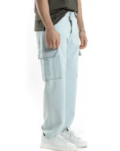 Pantaloni Uomo Cargo Tasconi Jeans Baggy Denim Chiaro Fondo Largo Ampio Casual GIOSAL-JS1020A