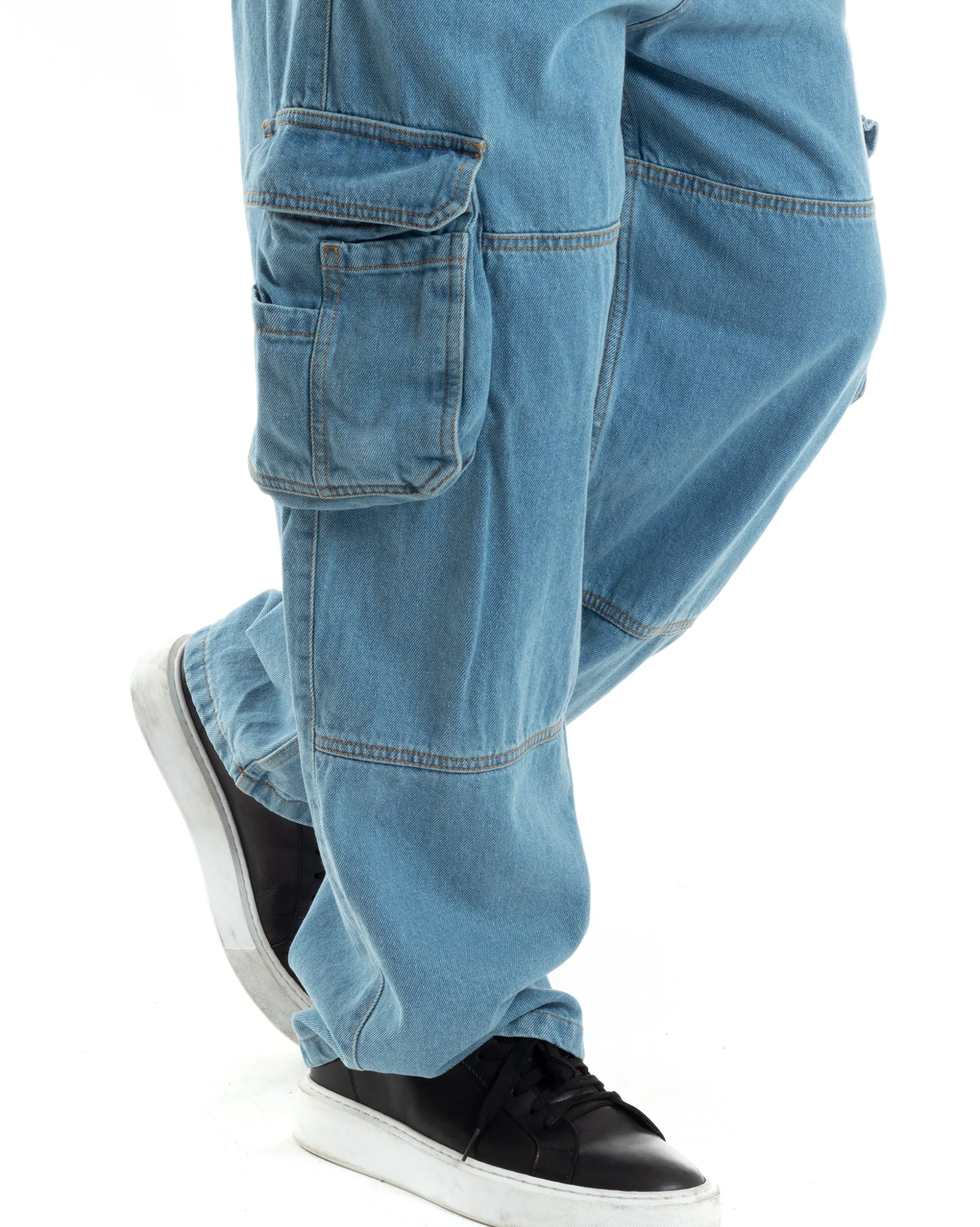 Pantaloni Uomo Cargo Tasconi Jeans Baggy Carpenter Oversize Denim Fondo Largo Ampio GIOSAL-JS1028A