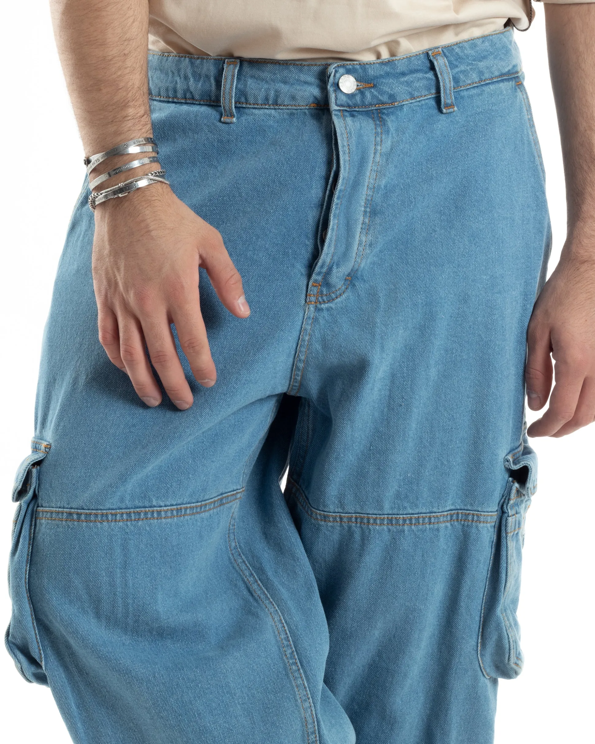 Pantaloni Uomo Cargo Tasconi Jeans Baggy Carpenter Oversize Denim Fondo Largo Ampio GIOSAL-JS1028A