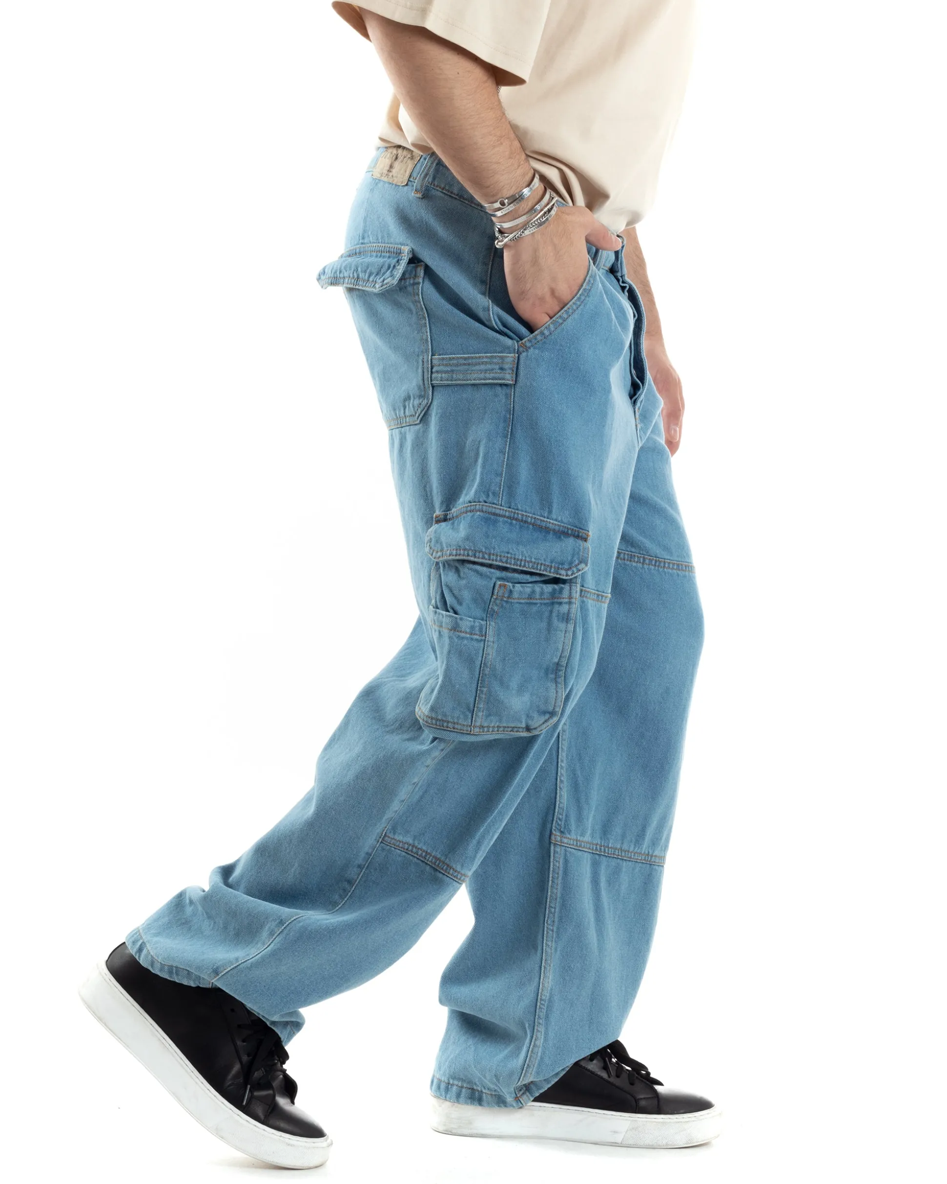 Pantaloni Uomo Cargo Tasconi Jeans Baggy Carpenter Oversize Denim Fondo Largo Ampio GIOSAL-JS1028A